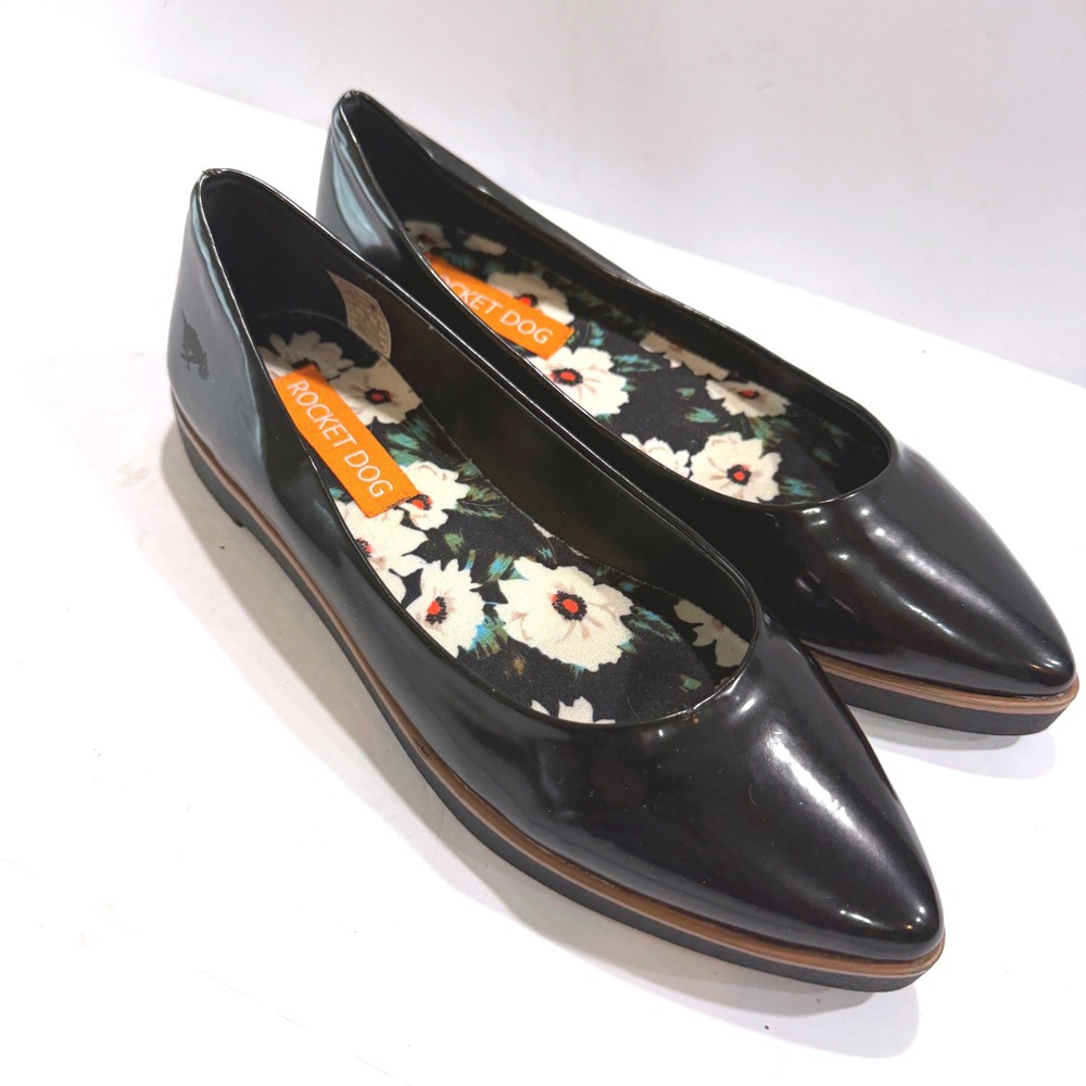 Rocket Dog Womens Black Patent Pointed Toe Flats Floral Lining Size 8